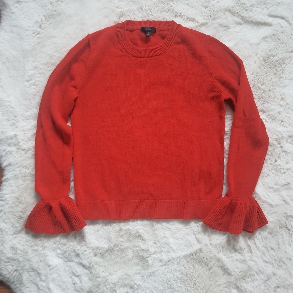 J.Crew Sweater Womens S Red-Orange Ruffle Cuffs Crew Neck Ribbed Trim